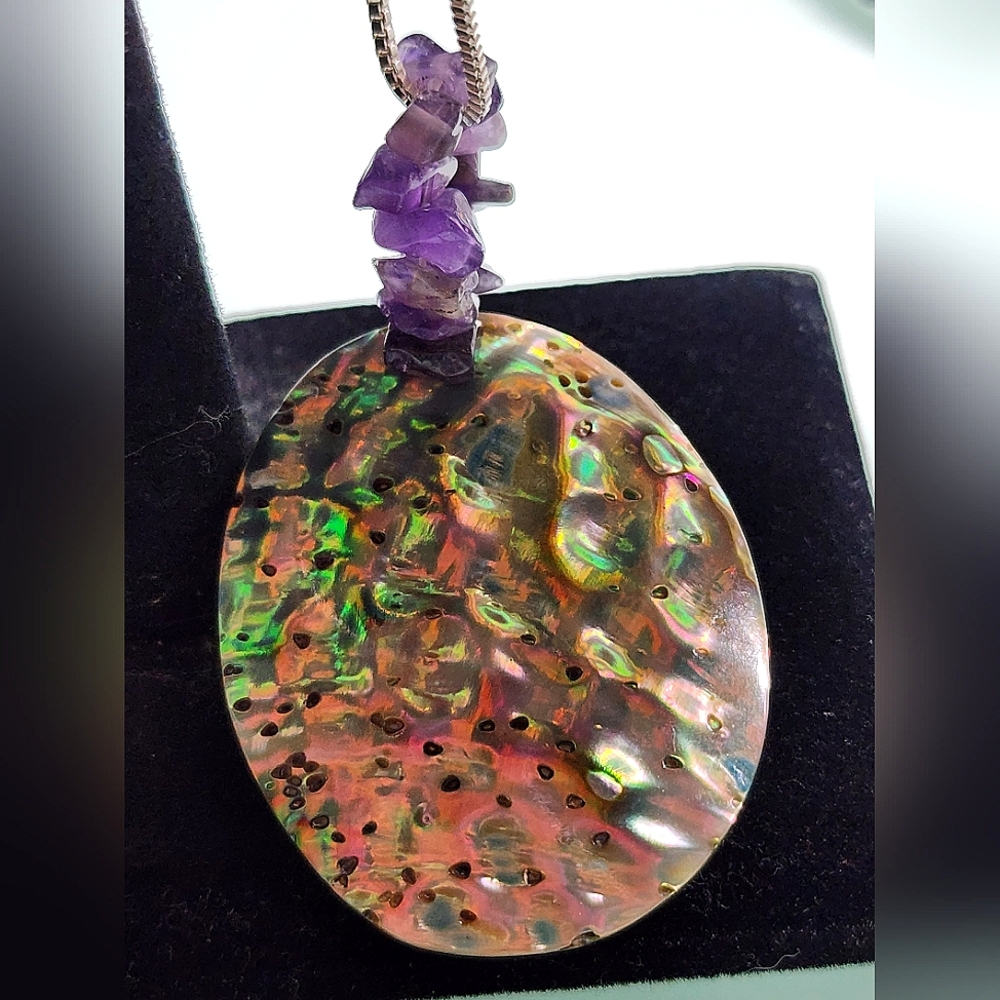 Large Vintage Abalone Shell 925 Sterling Necklace